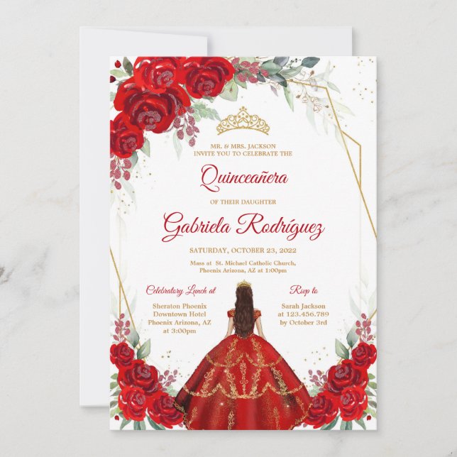 Quinceanera Floral Red Gold Invitation Inbjudningar (Framsida)