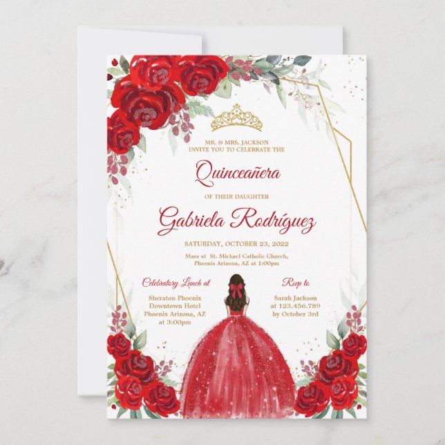 Quinceanera Floral Red Rose Gold Invitation Inbjudningar (Framsida)