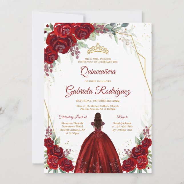 Quinceanera Floral Red Rose Gold Invitation Inbjudningar (Framsida)