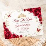Quinceanera Floral Red Roses Gold Spara Datumet<br><div class="desc">Red,  gold and white floral Quinceanera celebration save the date. Features,  brunette girl in ball gown dress script font,  gold butterflies,  watercolor roses and tiara. Perfect for an elegant princess style glam celebration. Personalize with your own details. Printed Zazzle cards or instant download digital printable template.</div>