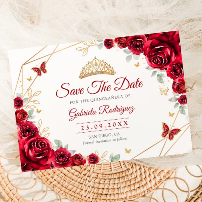 Quinceanera Floral Red Roses Gold Spara Datumet (Skapare uppladdad)