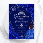 Quinceanera Floral Royal Blue Silver Dress Inbjudningar<br><div class="desc">Royal blue and silver Quinceanera celebration invitation. Features brunette girl in ball gown dress,  script font,  silver butterflies,  watercolor roses and tiara. Perfect for an elegant princess style glam celebration. Personalize with your own details. Printed Zazzle invitations or instant download digital printable template.</div>