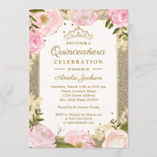 Quinceanera födelsedag Glitter Rosa Guld Blommig k Inbjudningar