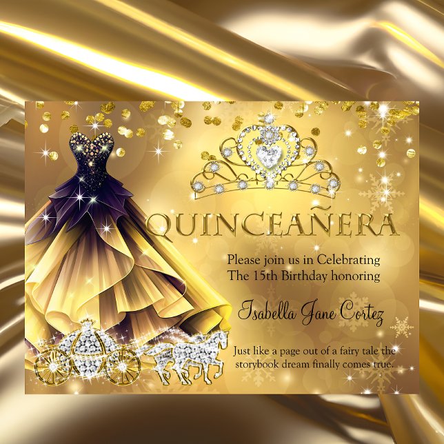 Quinceanera Födelsedag Guld Klänning Tiar Vagn b Inbjudningar (Skapare uppladdad)
