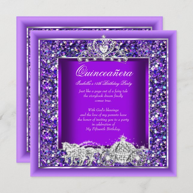 Quinceanera Födelsedag Hästkärran Lila Inbjudningar (Fram/baksida)