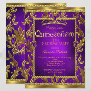 Quinceanera Födelsedag Lila Blå Tiara Guld Inbjudningar