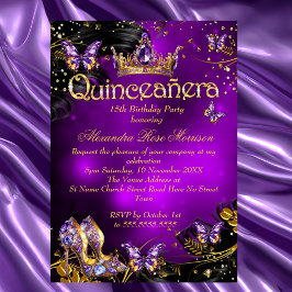 Quinceanera-födelsedag lila Guld Black Butterfly Inbjudningar