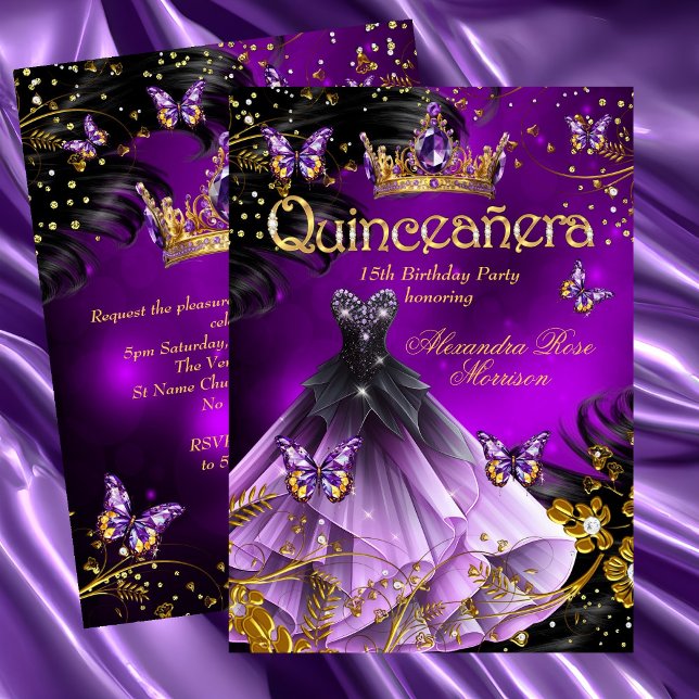 Quinceanera födelsedag lila Guld Klänning Fjäril Inbjudningar (Skapare uppladdad)