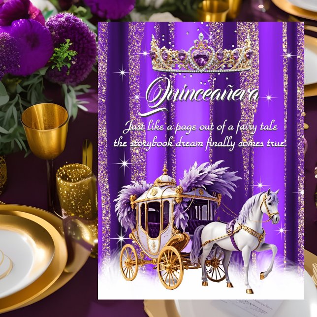 Quinceanera Födelsedag Lila Guld Silver Hästvagn Inbjudningar (Skapare uppladdad)