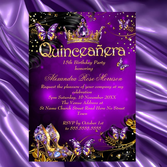 Quinceanera födelsedag lila Guld Svart Fjäril Inbjudningar (Skapare uppladdad)