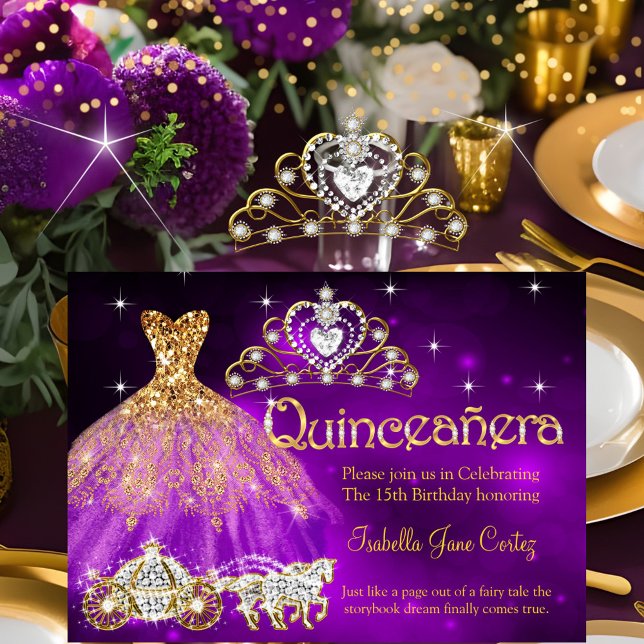 Quinceanera Födelsedag Lila Klänning Tiara Kärra Inbjudningar (Skapare uppladdad)