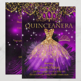 Quinceanera Födelsedag Lila Magenta Tiara Guld 2 Inbjudningar