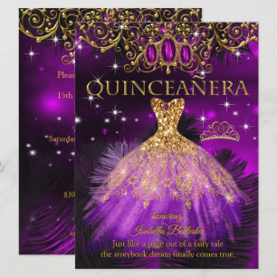 Quinceanera Födelsedag Lila Magenta Tiara Guld 2 Inbjudningar