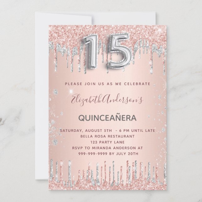 Quinceanera-födelsedag ro guld silver glitter inbjudningar (Framsida)