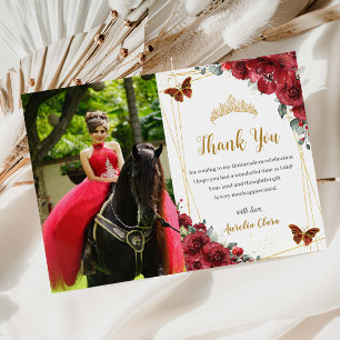 Quinceañera Födelsedag Röd Blommig Fjärilar Foto Tack Kort