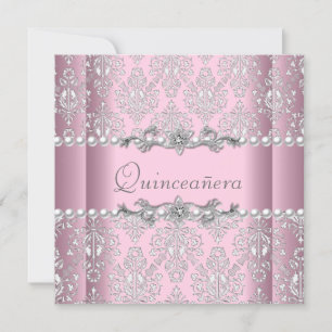 Quinceañera Födelsedag Rosa Silver Vitt Pärla Brod Inbjudningar