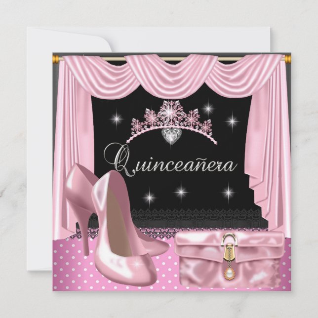 Quinceanera Födelsedag Rosa Svart Vitt Inbjudningar (Framsida)