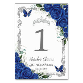 Quinceañera Födelsedag Royalblå Blommig Silver Bordsnummer