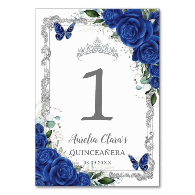 Quinceañera Födelsedag Royalblå Blommig Silver Bordsnummer (Framsidan)