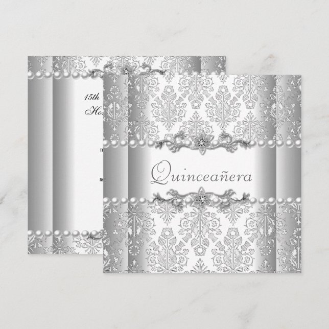 Quinceañera födelsedag Silver Vit Pärla Broderad Inbjudningar (Fram/baksida)