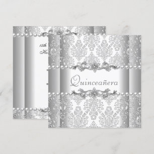 Quinceañera födelsedag Silver Vit Pärla Broderad Inbjudningar
