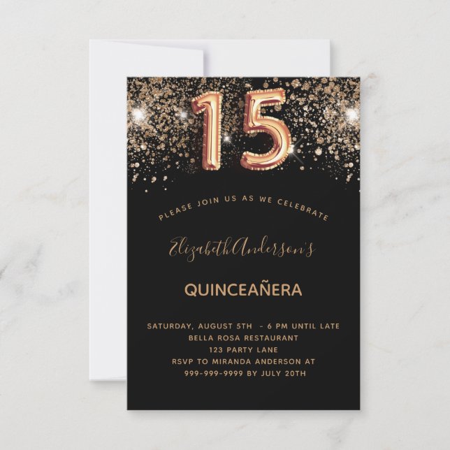 Quinceanera-födelsedag svart guld glitter (Framsida)