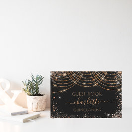 Quinceanera-födelsedag svart guld glitter gästböcker