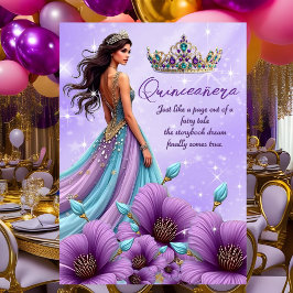 Quinceanera Födelsedag Teal Lila Tiara Klänning Inbjudningar
