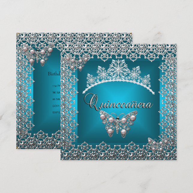 Quinceanera födelsedag Teal Silver Tiara Fjäril Inbjudningar (Fram/baksida)