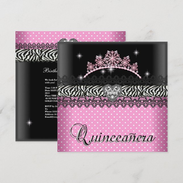 Quinceanera Födelsedag Zebra  Rosa Svart Vit Inbjudningar (Fram/baksida)