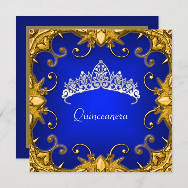 Quinceanera Födelsedagsfest Bjue Guld White Tiara Inbjudningar (Fram/baksida)