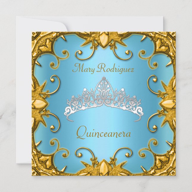 Quinceanera Födelsedagsfest Blå Guld Vit Tiara Inbjudningar (Framsida)