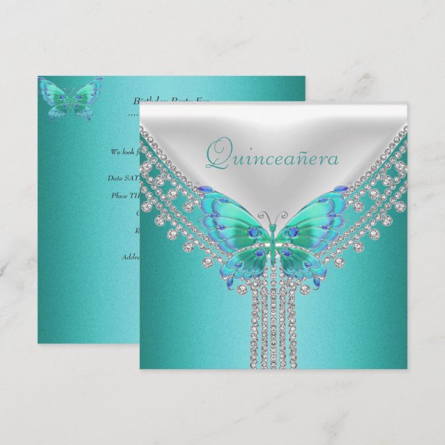 Quinceañera födelsedagsfest Blå Vit Fjäril Inbjudningar (Fram/baksida)