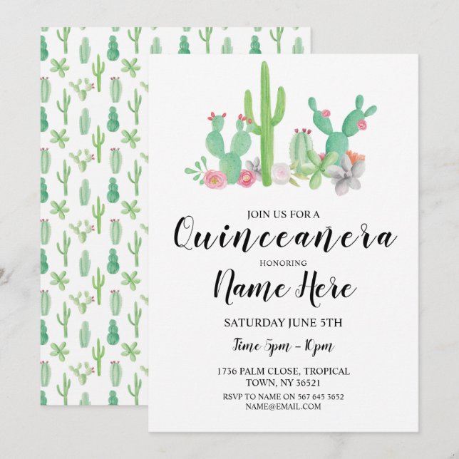 Quinceañera Födelsedagsfest Cactus Cacti Inbjudan (Fram/baksida)