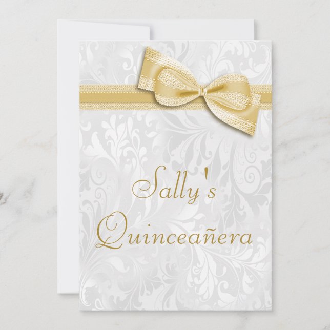 Quinceañera Födelsedagsfest Damask och Faux Bow Inbjudningar (Framsida)