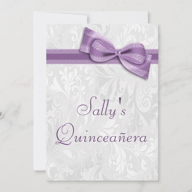 Quinceañera Födelsedagsfest Damask och Faux Bow Inbjudningar (Framsida)