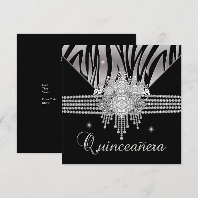 Quinceanera Födelsedagsfest Diamant Svart Zebra Inbjudningar (Fram/baksida)
