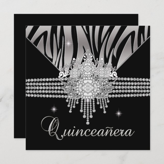 Quinceanera Födelsedagsfest Diamond Black Zebra Inbjudningar (Fram/baksida)