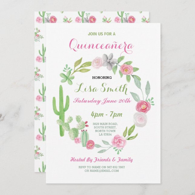Quinceanera Födelsedagsfest Fiesta Cactus Inbjudan (Fram/baksida)