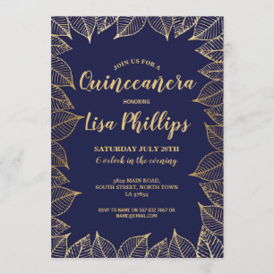 Quinceanera Födelsedagsfest flottan Guld Fall Inbjudningar