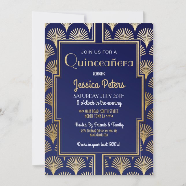 Quinceanera Födelsedagsfest Gatsby Art Deco Guld Inbjudningar (Framsida)