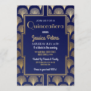 Quinceanera Födelsedagsfest Gatsby Art Deco Guld Inbjudningar