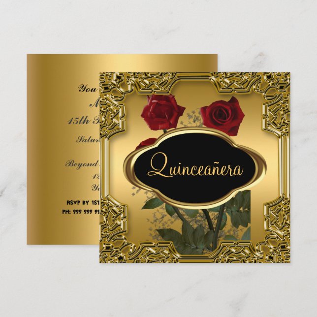 Quinceanera Födelsedagsfest Guld Inbjudningar (Fram/baksida)
