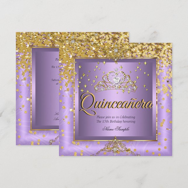 Quinceanera Födelsedagsfest Guld Lavendel Lila Inbjudningar (Fram/baksida)