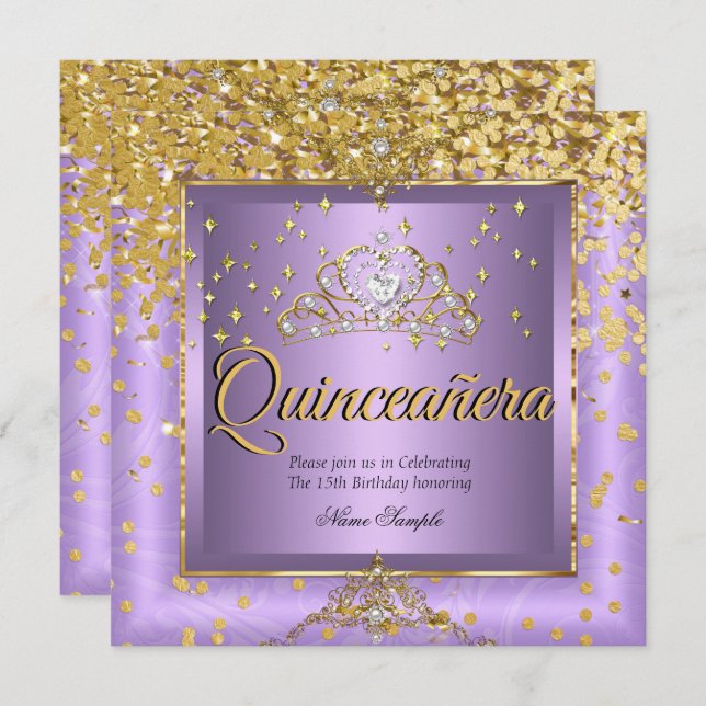 Quinceanera Födelsedagsfest Guld Lavender Lila Inbjudningar (Fram/baksida)
