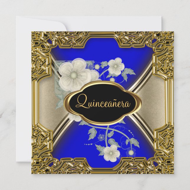 Quinceañera Födelsedagsfest Guld Svart Blå Inbjudningar (Framsida)