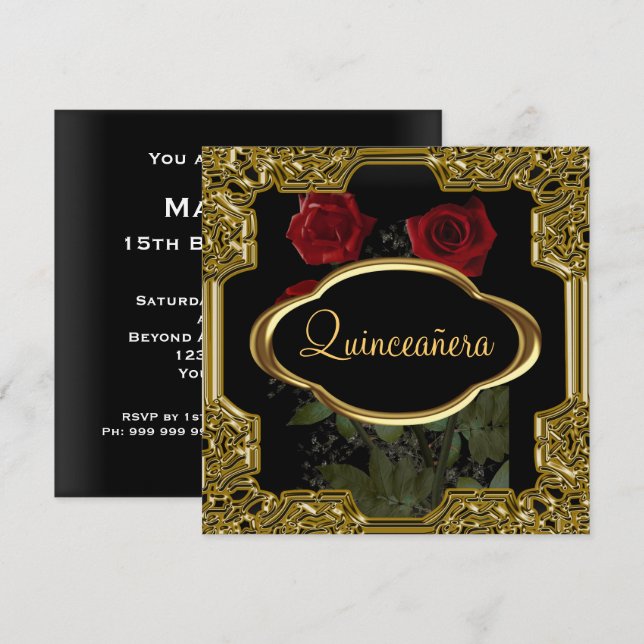 Quinceanera Födelsedagsfest  Guld Svart Inbjudningar (Fram/baksida)