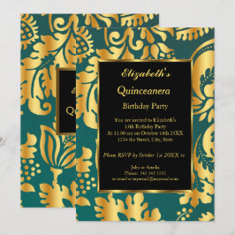 Quinceanera Födelsedagsfest Guld Teal Black blommi Inbjudningar