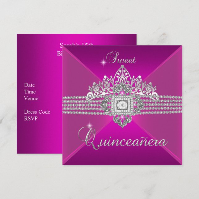 Quinceanera Födelsedagsfest Hot Pink Inbjudningar (Fram/baksida)