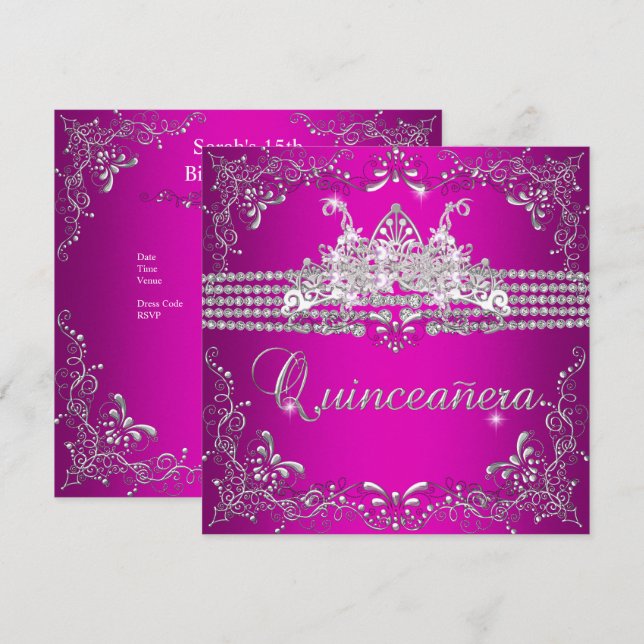 Quinceanera Födelsedagsfest Hot Pink Silver Tiara Inbjudningar (Fram/baksida)